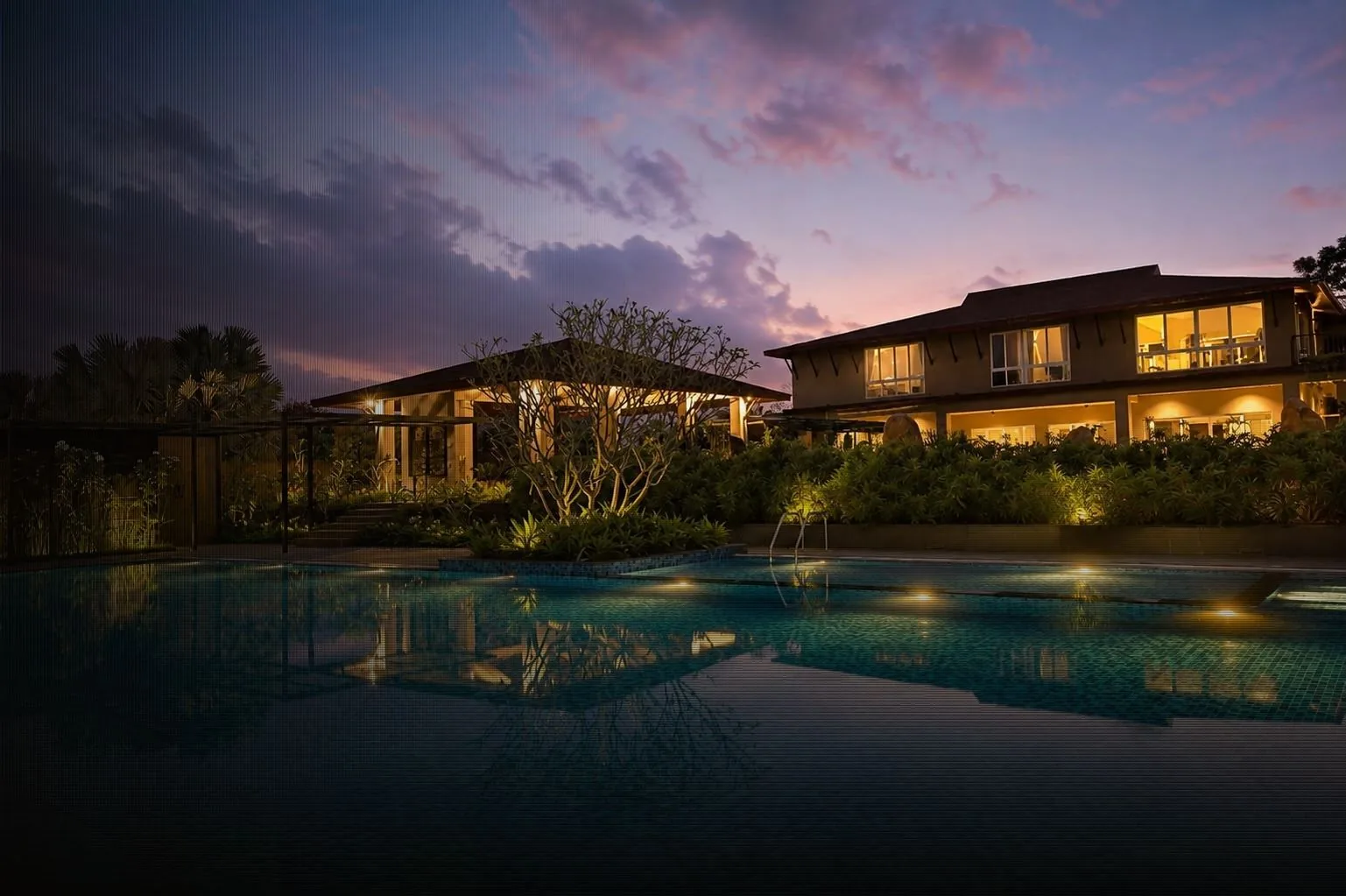 Club Plumeria at dusk, Frangipani Estates, Bengaluru.